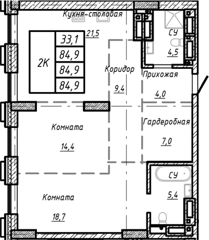 Планировка своб. план. 84.90 м² в ЖК «Барнаул»