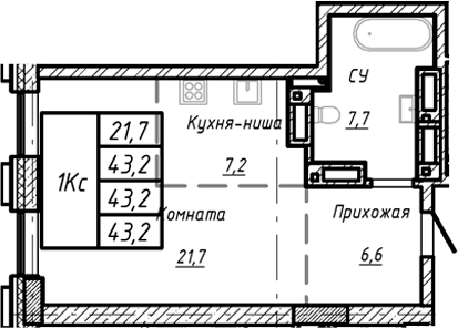 Планировка своб. план. 43.20 м² в ЖК «Барнаул»