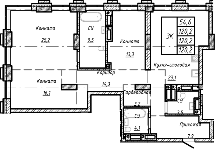 Планировка своб. план. 120.20 м² в ЖК «Барнаул»