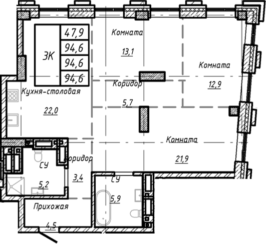 Планировка своб. план. 94.60 м² в ЖК «Барнаул»