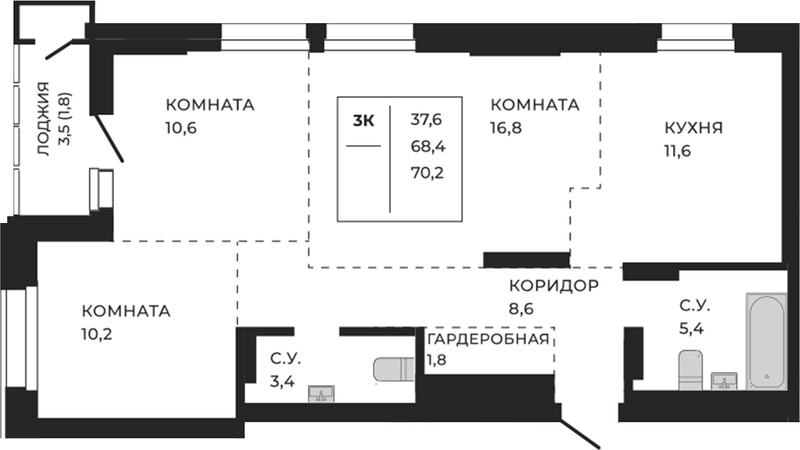 Планировка своб. план. 70.20 м² в ЖК «ЖеКа Павлов. Барнаул»