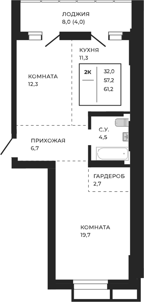 Планировка свободная планировка 61.20 м² в ЖК «ЖеКа Павлов. Барнаул»