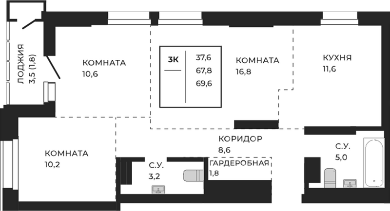 Планировка своб. план. 69.60 м² в ЖК «ЖеКа Павлов. Барнаул»
