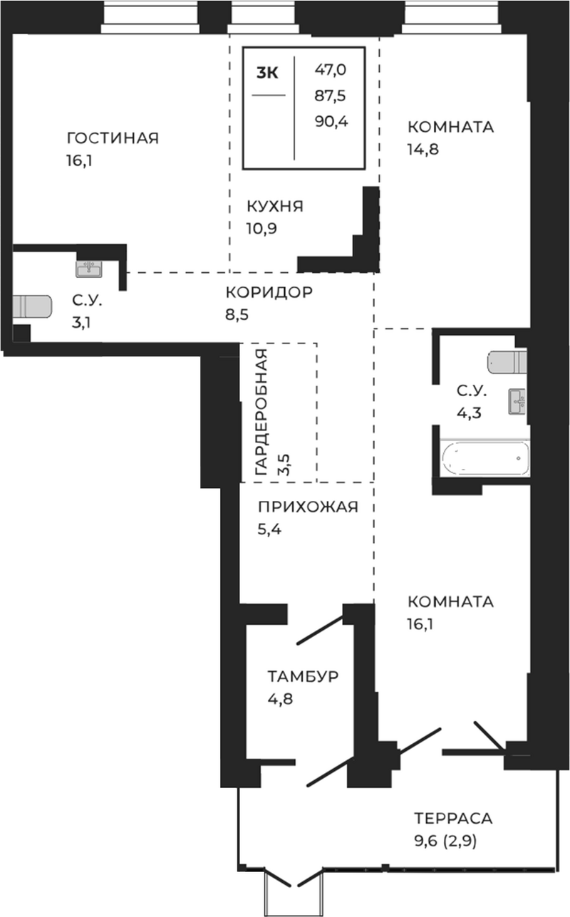 Планировка своб. план. 90.40 м² в ЖК «ЖеКа Павлов. Барнаул»