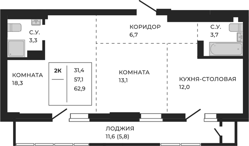 Планировка своб. план. 62.90 м² в ЖК «ЖеКа Павлов. Барнаул»