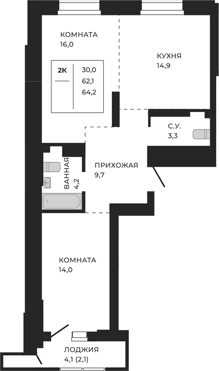 Планировка своб. план. 64.20 м² в ЖК «ЖеКа Павлов. Барнаул»