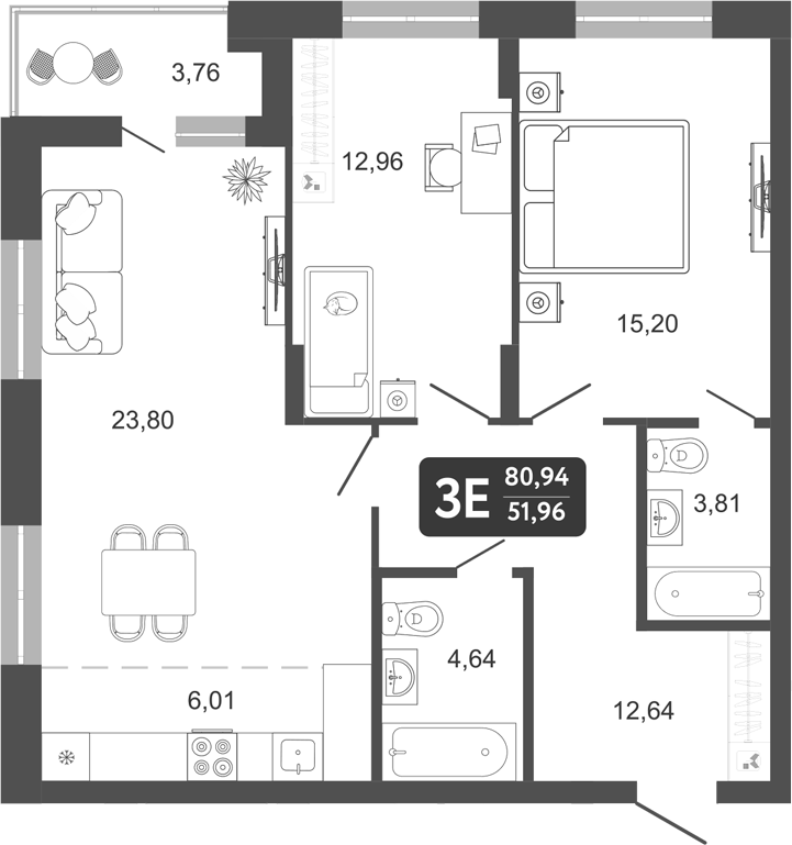 Планировка 3е-к.кв 79.06 м² в ЖК «Наследие. Кемерово»