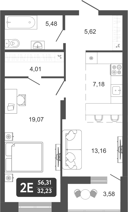 Планировка 2е-к.кв 54.52 м² в ЖК «Наследие. Кемерово»