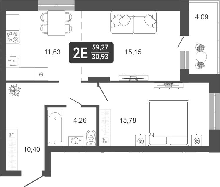 Планировка 2е-к. квартира 57.22 м² в ЖК «Наследие. Кемерово»