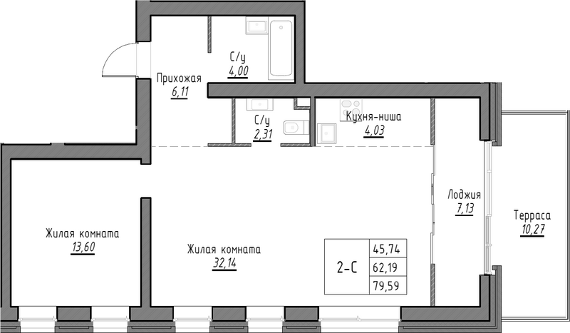 Планировка 2е-к.кв 62.19 м² в ЖК «Тесла парк»