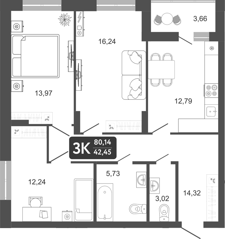 Планировка 3-к. квартира 78.31 м² в ЖК «Наследие. Кемерово»