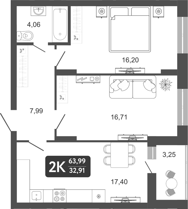 Планировка 2-к.кв 62.37 м² в ЖК «Наследие. Кемерово»