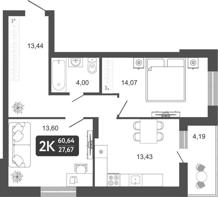 Планировка 2-к. квартира 58.55 м² в ЖК «Наследие. Кемерово»
