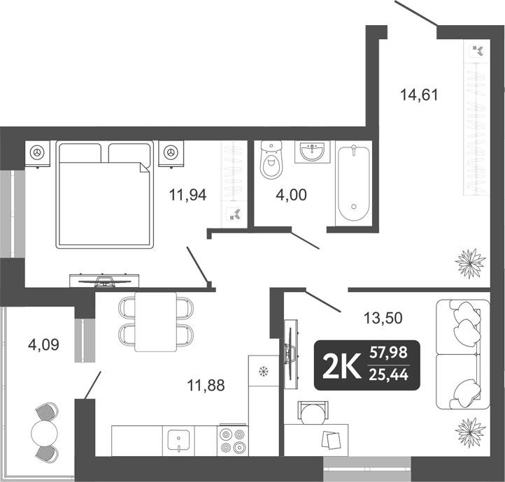 Планировка 2-к. квартира 55.93 м² в ЖК «Наследие. Кемерово»