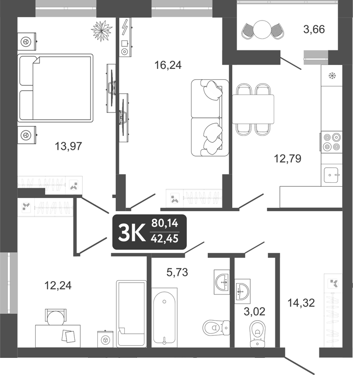 Планировка 3-к. квартира 78.31 м² в ЖК «Наследие. Кемерово»