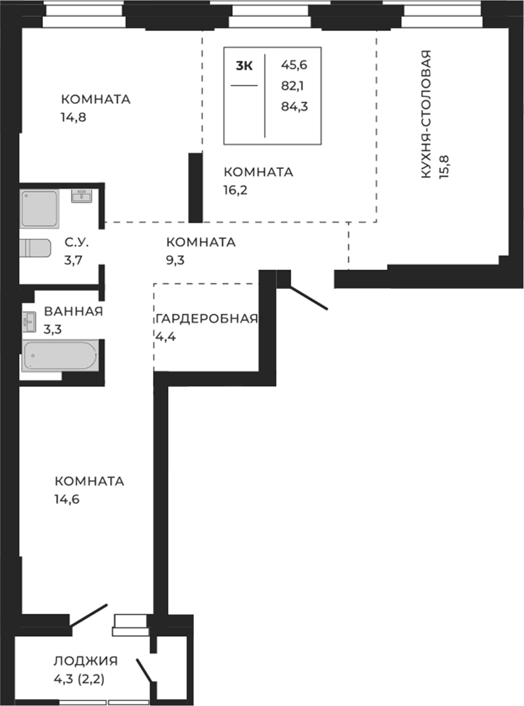 Планировка своб. план. 84.30 м² в ЖК «ЖеКа Павлов. Барнаул»
