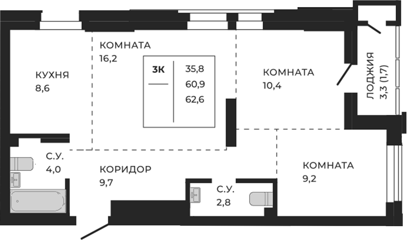 Планировка своб. план. 60.90 м² в ЖК «ЖеКа Павлов. Барнаул»