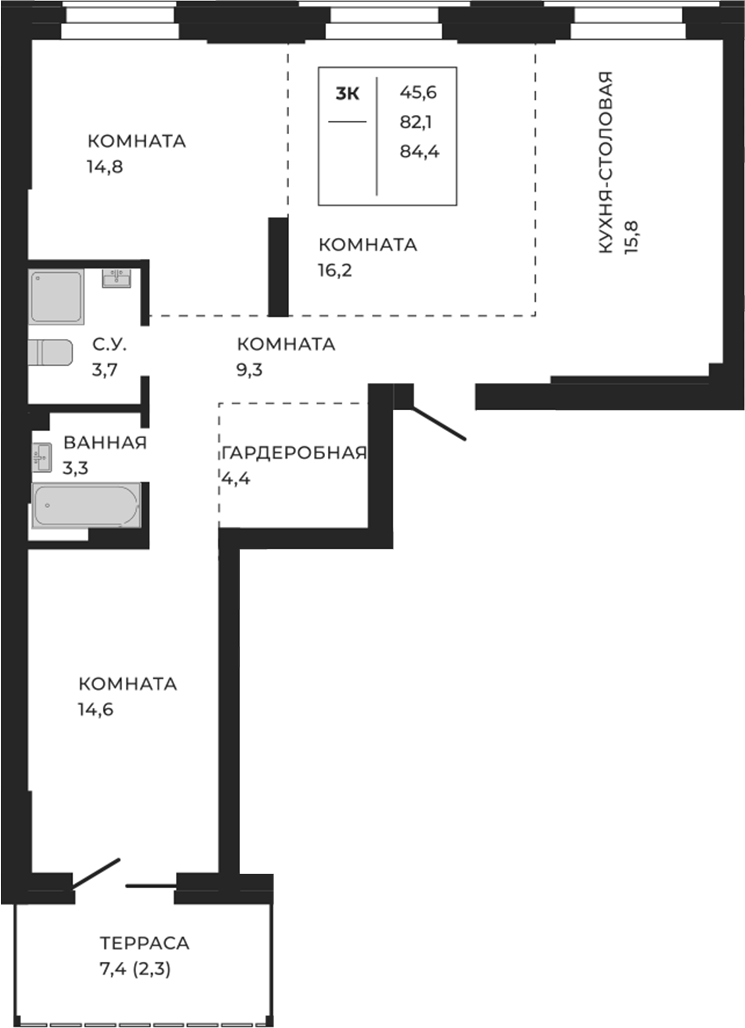 Планировка своб. план. 84.40 м² в ЖК «ЖеКа Павлов. Барнаул»