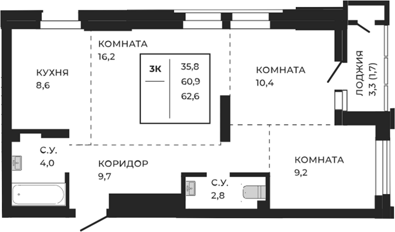 Планировка своб. план. 60.90 м² в ЖК «ЖеКа Павлов. Барнаул»
