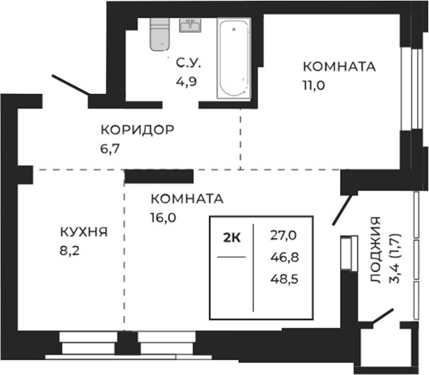 Планировка свободная планировка 46.80 м² в ЖК «ЖеКа Павлов. Барнаул»