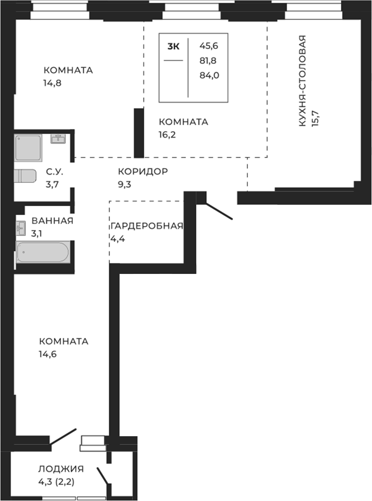 Планировка своб. план. 84.00 м² в ЖК «ЖеКа Павлов. Барнаул»
