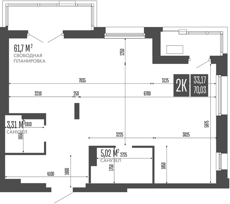 Планировка своб. план. 70.03 м² в ЖК «Опера Резиденс. Барнаул»