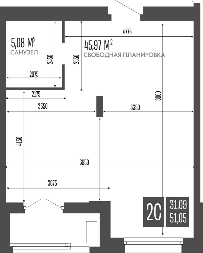Планировка своб. план. 51.05 м² в ЖК «Опера Резиденс. Барнаул»