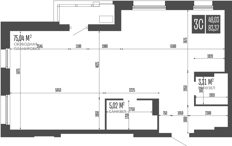 Планировка своб. план. 83.37 м² в ЖК «Опера Резиденс. Барнаул»