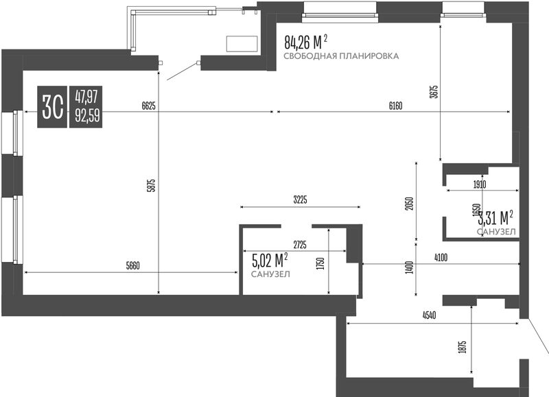 Планировка своб. план. 92.59 м² в ЖК «Опера Резиденс. Барнаул»