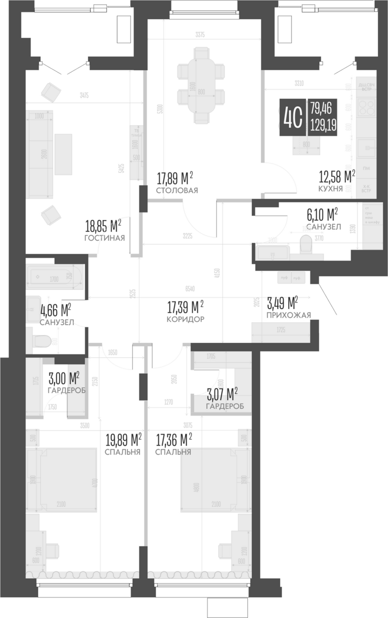 Планировка своб. план. 129.19 м² в ЖК «Опера Резиденс. Барнаул»
