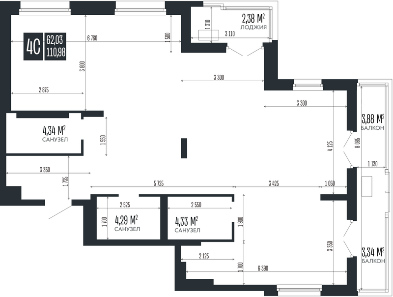 Планировка своб. план. 110.98 м² в ЖК «Опера Резиденс. Барнаул»