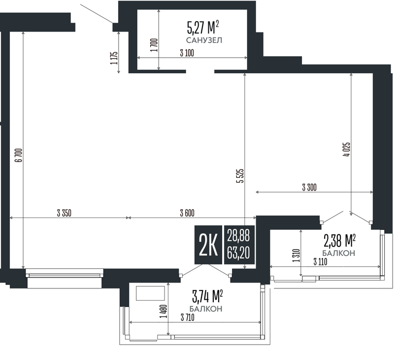 Планировка своб. план. 63.20 м² в ЖК «Опера Резиденс. Барнаул»