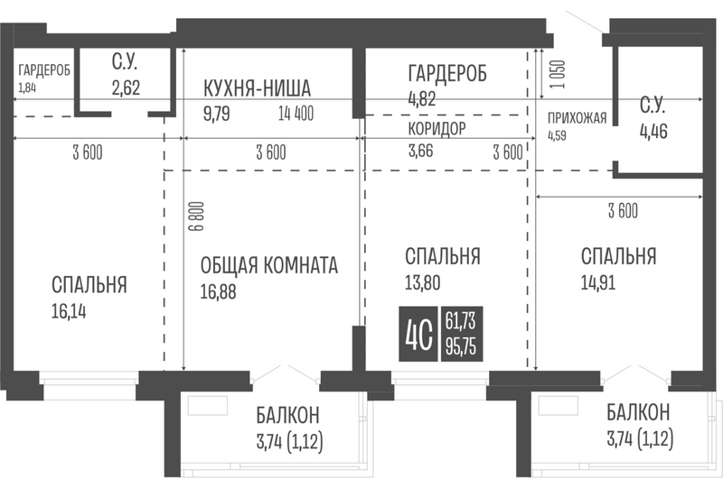 Планировка свободная планировка 95.75 м² в ЖК «Опера Резиденс. Барнаул»
