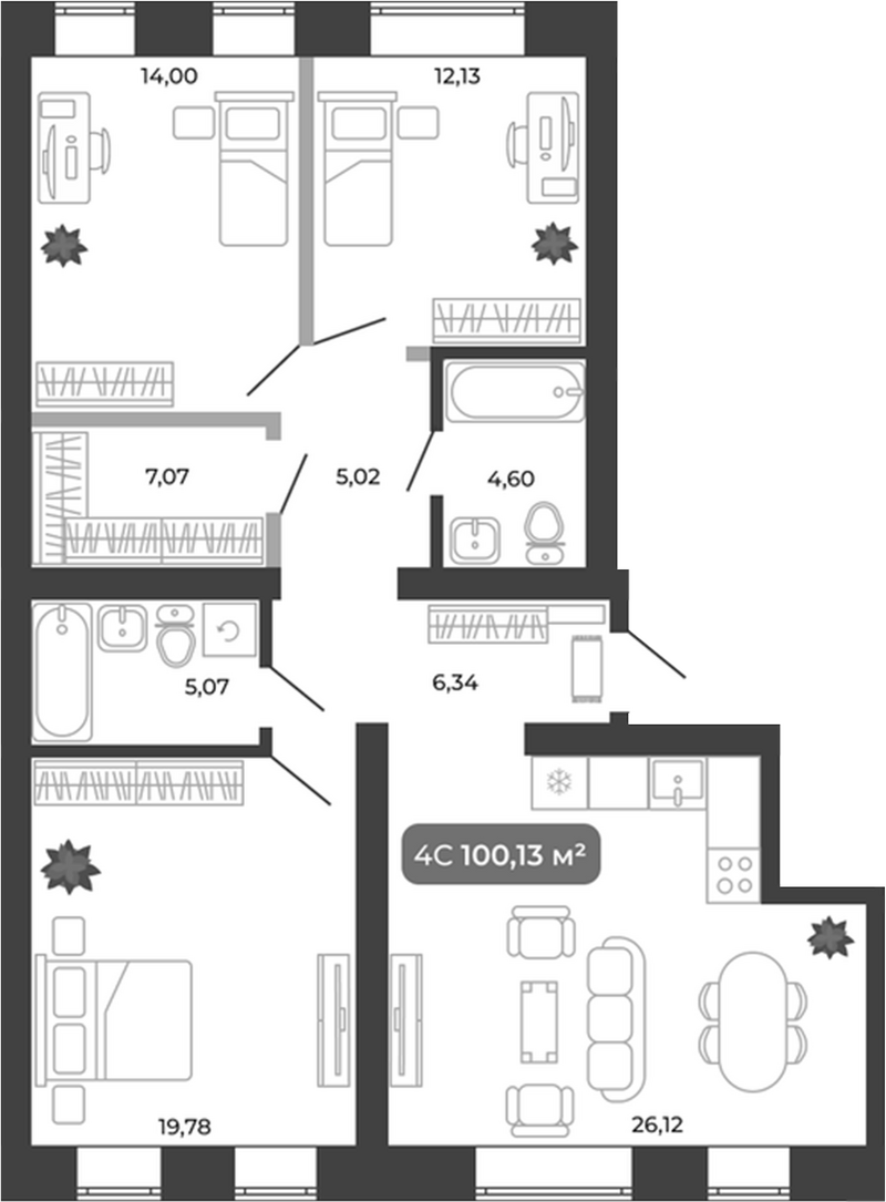 Планировка 4е-к.кв 100.13 м² в ЖК «Ботаника»