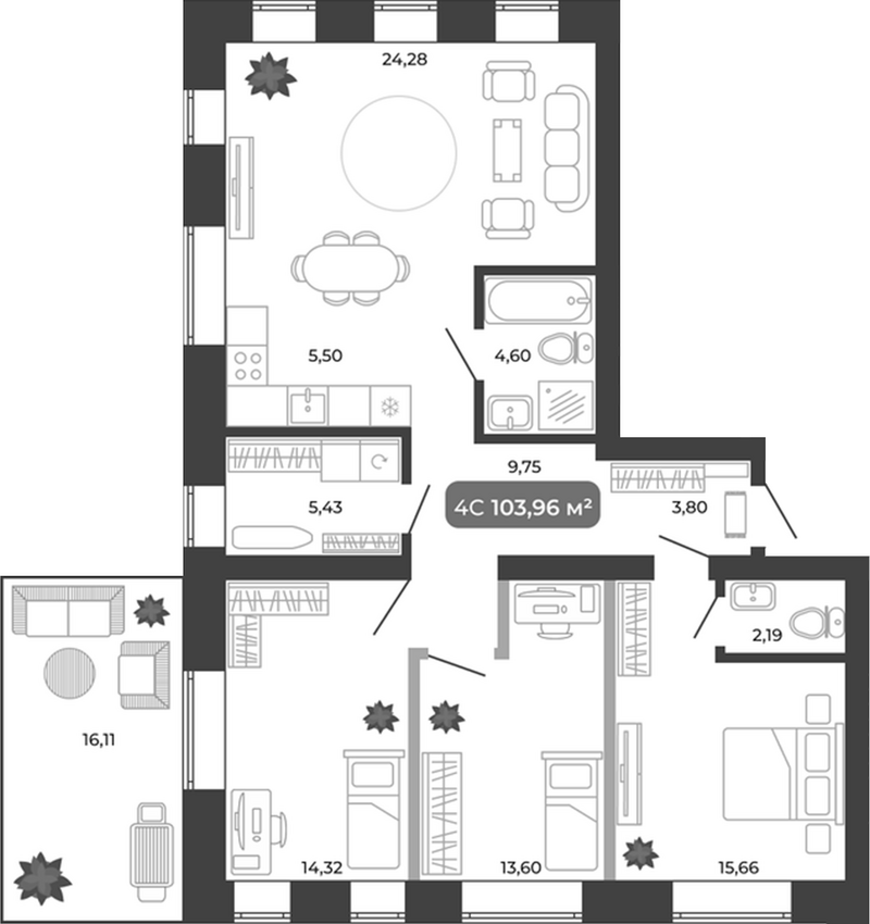 Планировка 4е-к.кв 99.13 м² в ЖК «Ботаника»