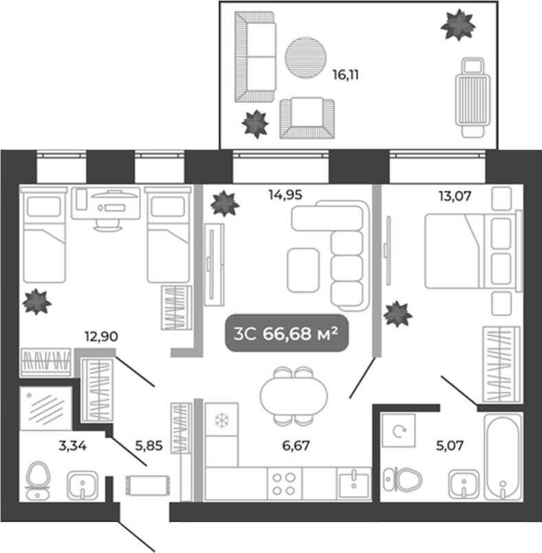 Планировка 3е-к.кв 61.85 м² в ЖК «Ботаника»