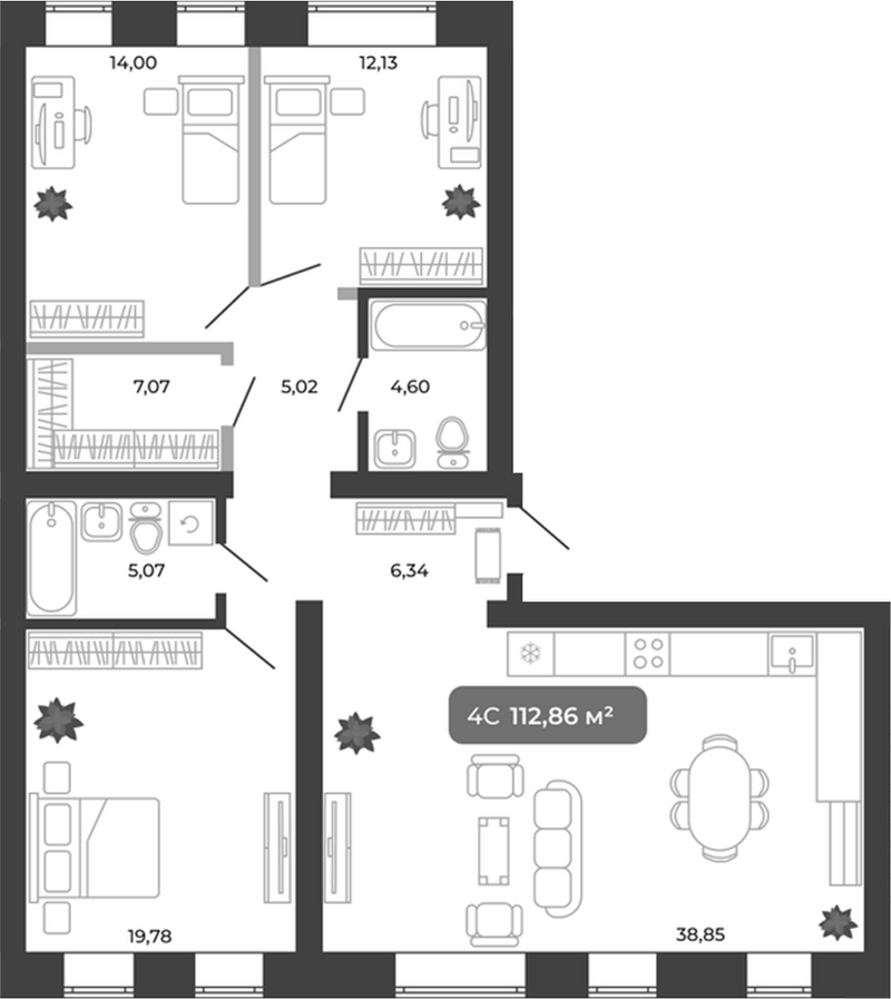 Планировка 4е-к.кв 112.86 м² в ЖК «Ботаника»