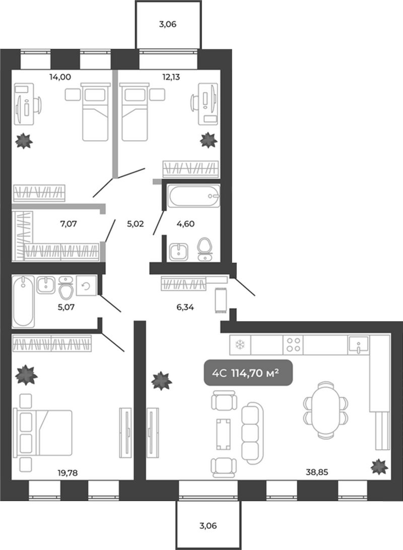 Планировка 4е-к.кв 112.86 м² в ЖК «Ботаника»