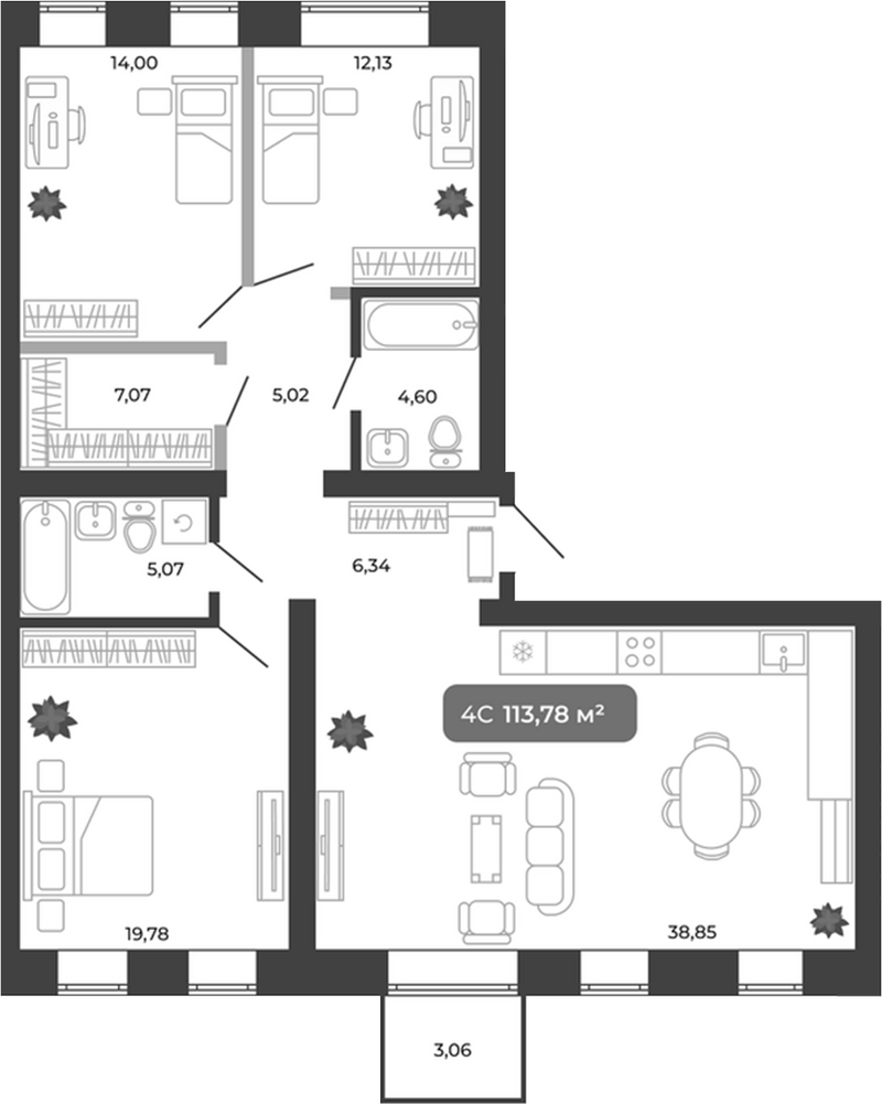 Планировка 4е-к.кв 112.86 м² в ЖК «Ботаника»