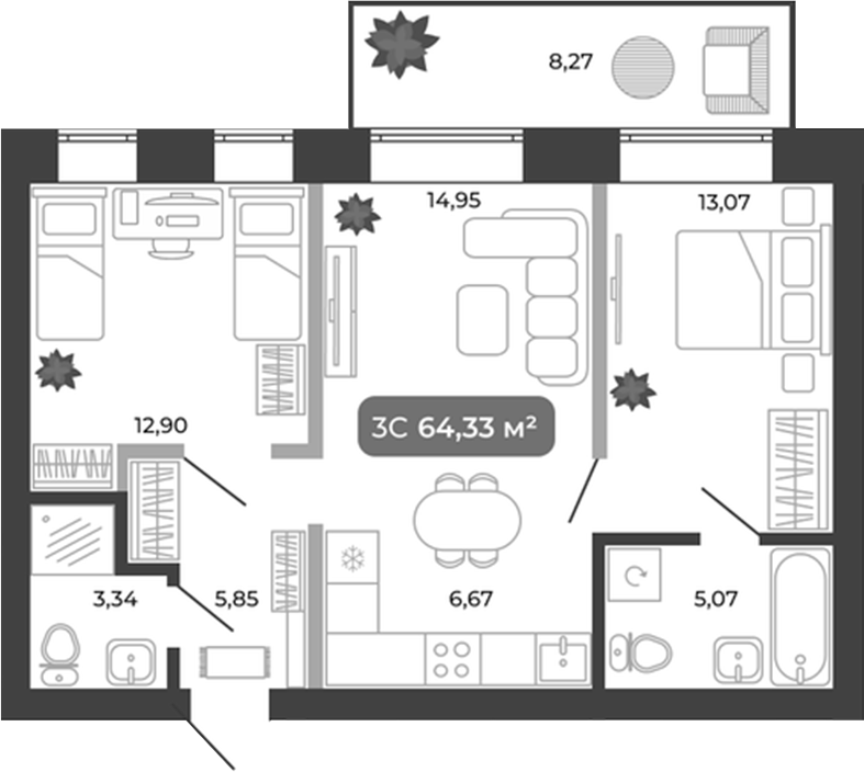 Планировка 3е-к.кв 61.85 м² в ЖК «Ботаника»