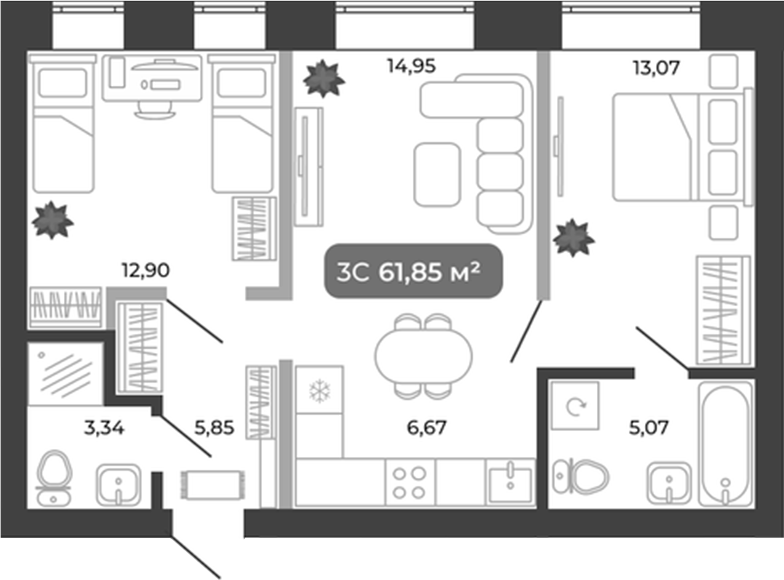 Планировка 3е-к.кв 61.85 м² в ЖК «Ботаника»