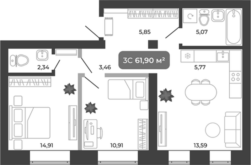 Планировка 3е-к.кв 61.90 м² в ЖК «Ботаника»