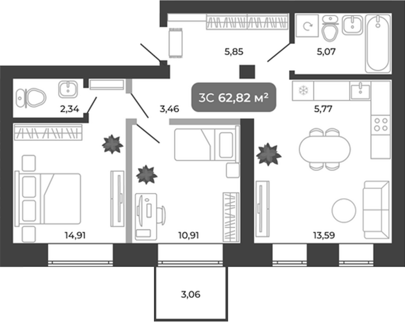 Планировка 3е-к.кв 61.90 м² в ЖК «Ботаника»