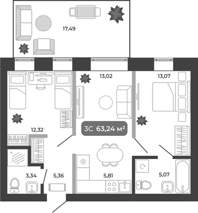 Планировка 3е-к.кв 57.99 м² в ЖК «Ботаника»