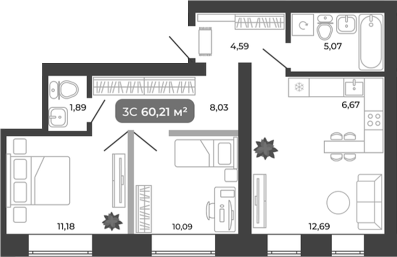 Планировка 3е-к.кв 60.21 м² в ЖК «Ботаника»