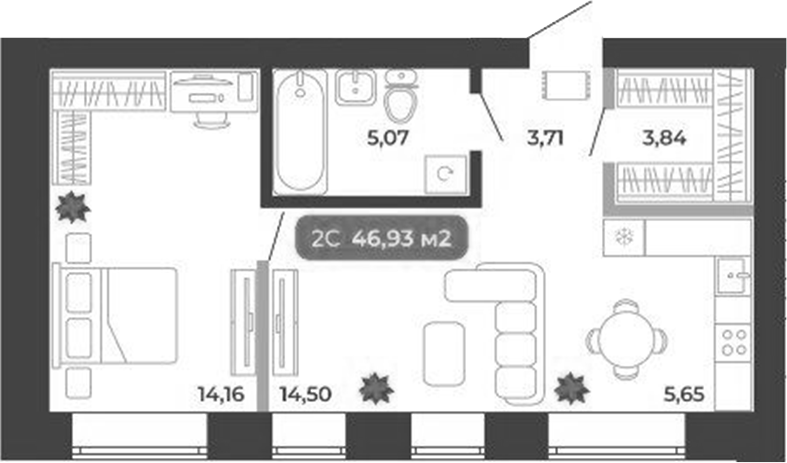 Планировка 2е-к.кв 46.93 м² в ЖК «Ботаника»