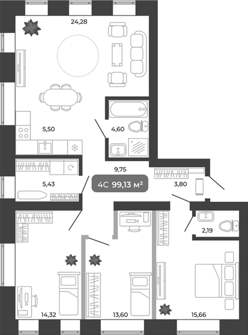 Планировка 4е-к.кв 99.13 м² в ЖК «Ботаника»