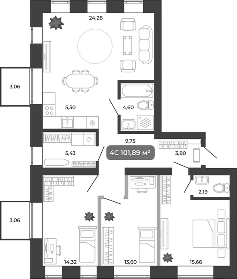 Планировка 4е-к.кв 99.13 м² в ЖК «Ботаника»