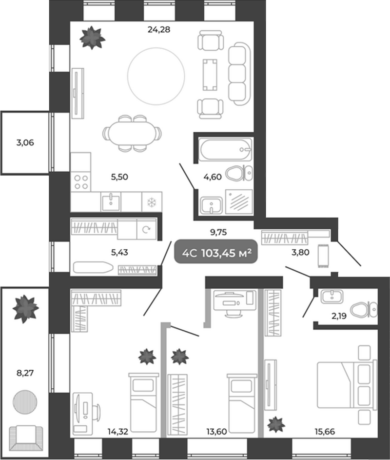 Планировка 4е-к.кв 99.13 м² в ЖК «Ботаника»