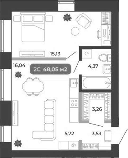 Планировка 2е-к.кв 48.05 м² в ЖК «Ботаника»
